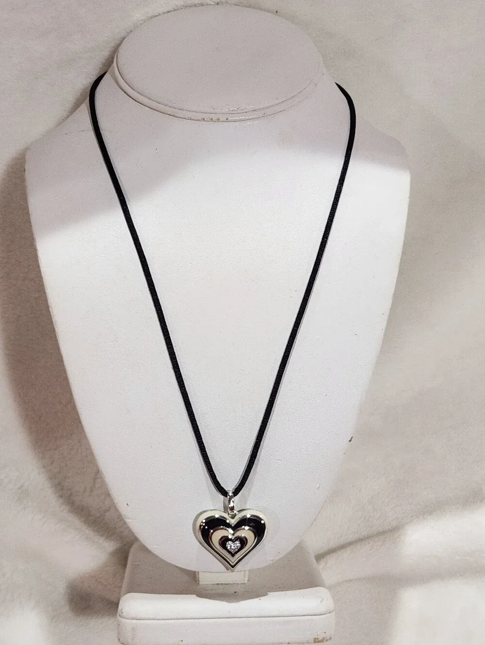EMA Sterling Silver Enamel Heart Necklace with Silk Cord